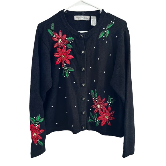 Victoria Jones Beaded Sequin Poinsettia Christmas Sweater Cardigan Petite XLP - Picture 1 of 6